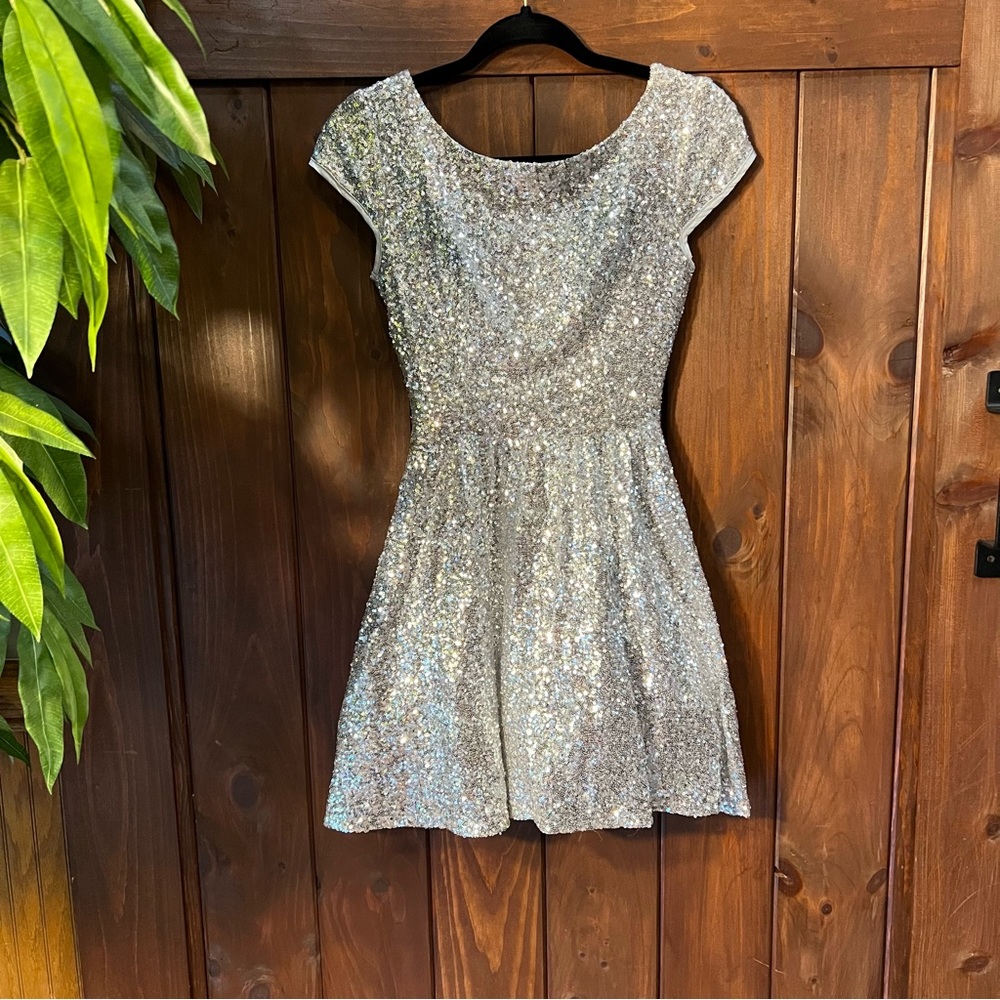 B. Darlin Silver Sequins Skater Fit and Flare Tulle Low Back Dress